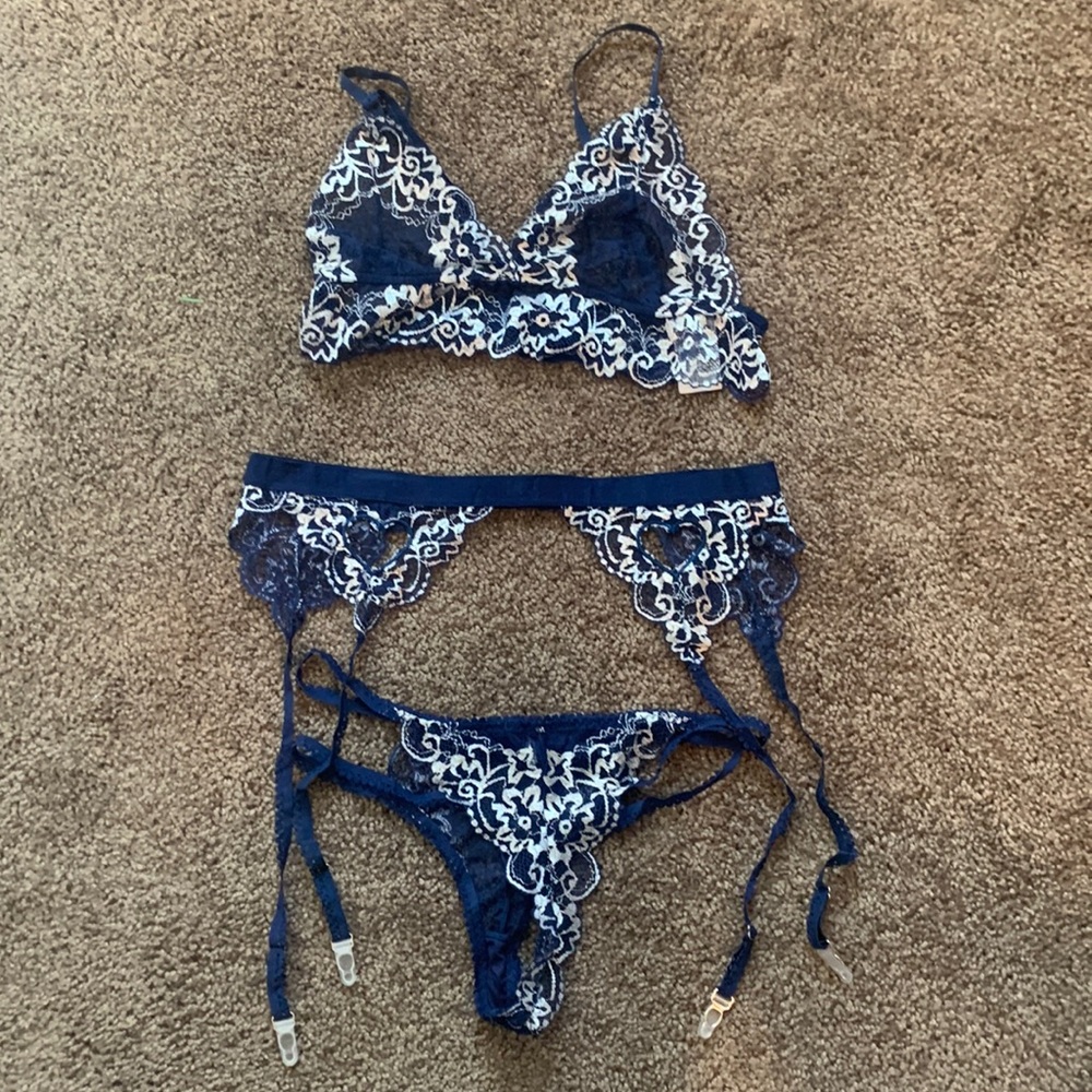NWOT Women’s sexy blue and white lace lingerie set